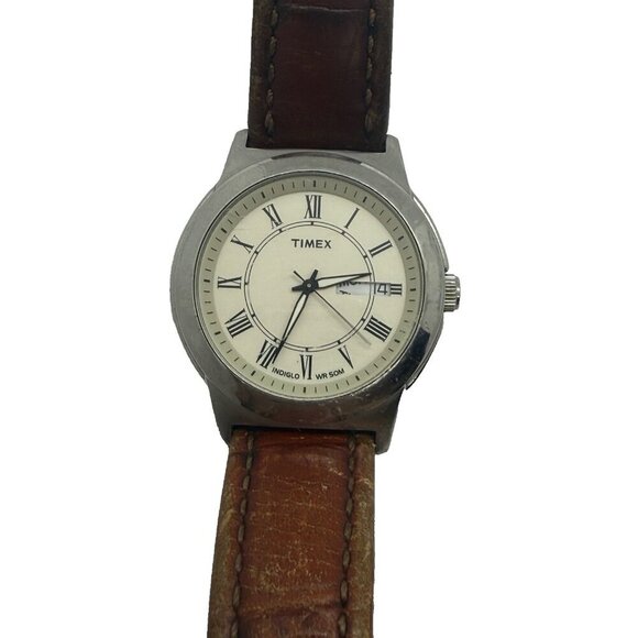 Timex Indiglo Bank Street Men’s Watch Brown Leather Band Roman Numerals Day Date - Picture 1 of 7